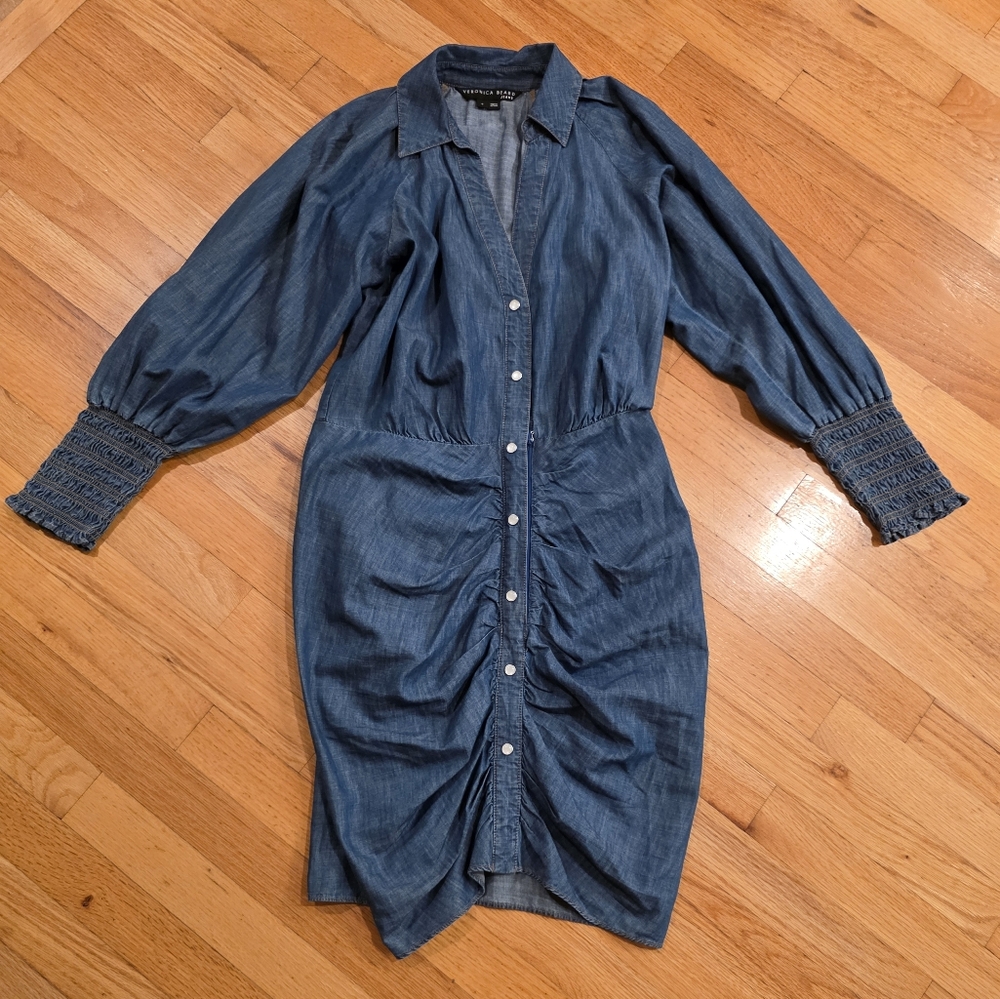 Veronica Beard Blue Chambray Button-Front Shirt Dress